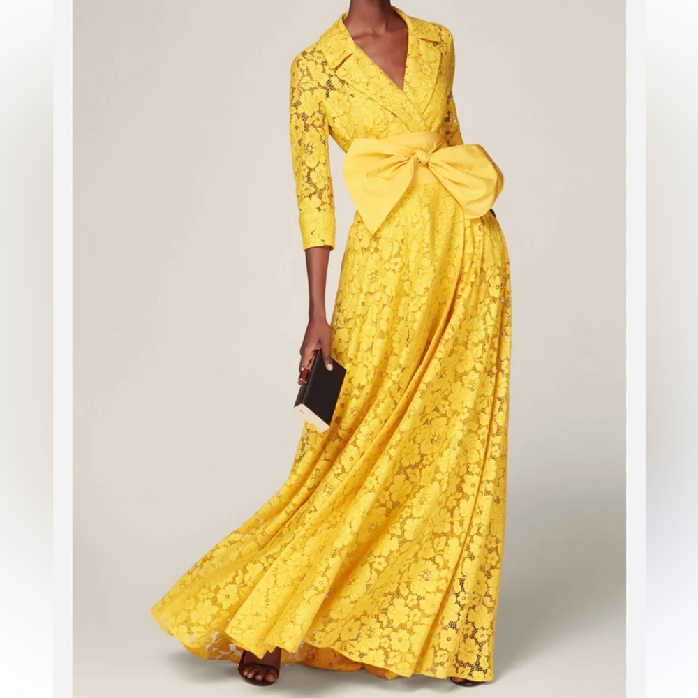 Carolina Herrera Bright Yellow Lace Maxi Dress with Statement Bow